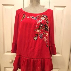 CODE BLEU Red Floral Embroidered Blouse size Small